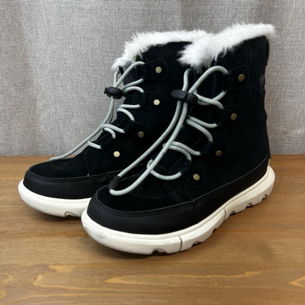SOREL Explorer II Joan Boots Suede Faux Fur Sz 2 Waterproof Lace Up Shoes Black